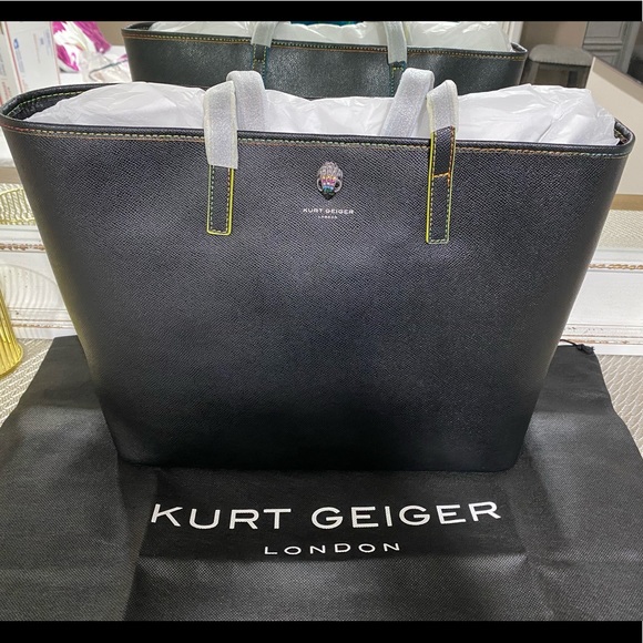 KURT GEIGER LONDON Richmond Shopper Black Tote Bag With Rainbow Lined Stitching - Picture 6 of 9
